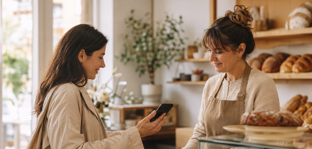 A member showing an offer on her phone at a neighborhood bakery counter