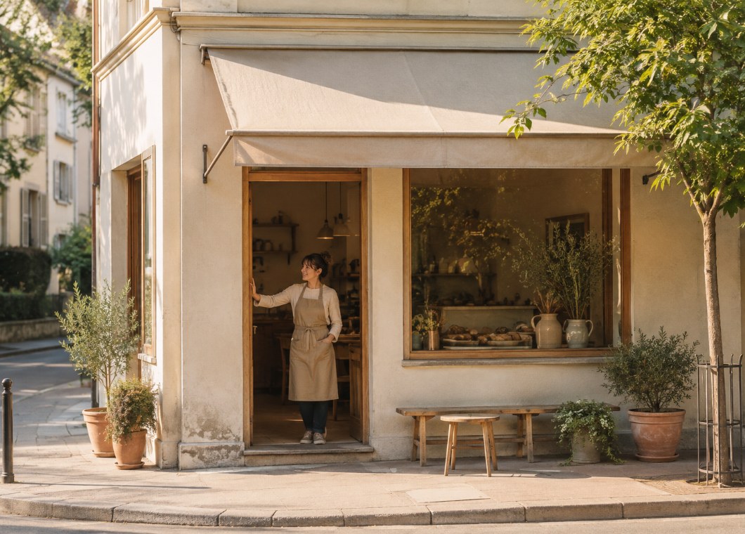 The owner of a small corner cafe standing in her doorway