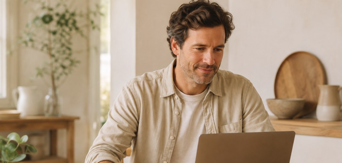 A man browsing calmly on a laptop at his kitchen table