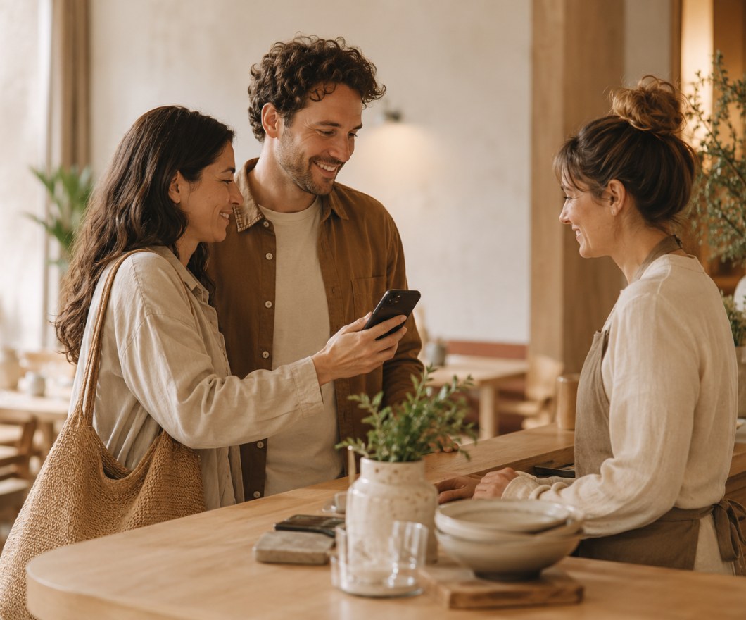 A couple showing a member offer on a phone to a server at a local restaurant